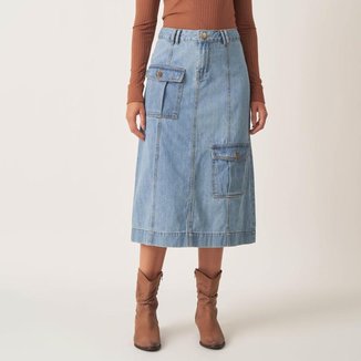 Saia Jeans Midi Bolso Cargo Frontal