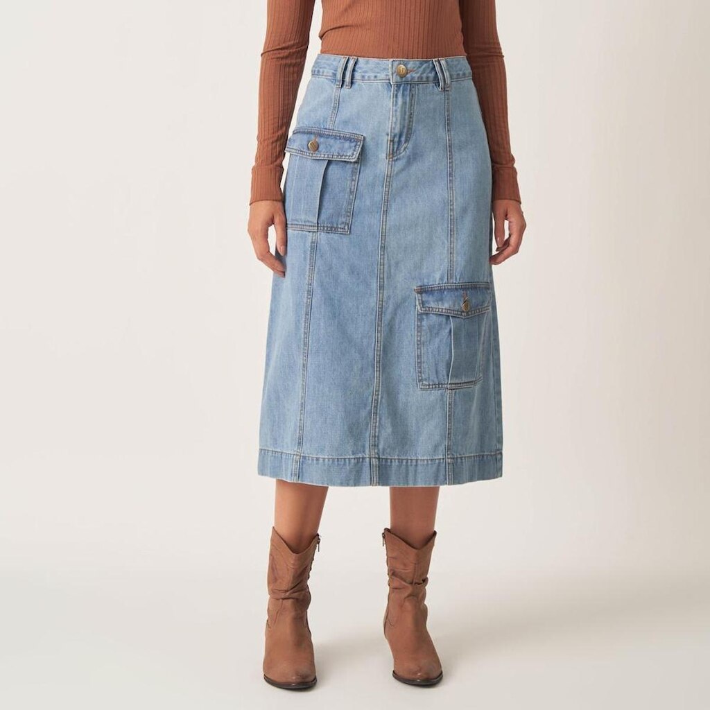 Saia Jeans Midi Bolso Cargo Frontal
