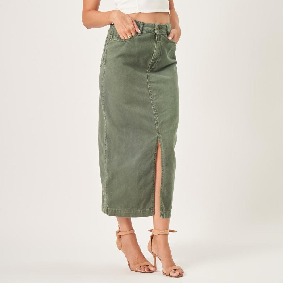 Saia Longa Jeans Color Fenda Frontal Verde Floresta Verde escuro