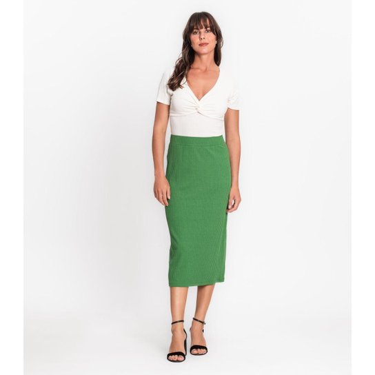 Saia Midi Em Ribana Canelada Rovitex Verde - Verde Menor preço em Saia Midi Em Ribana Canelada Rovitex Verde - Verde
