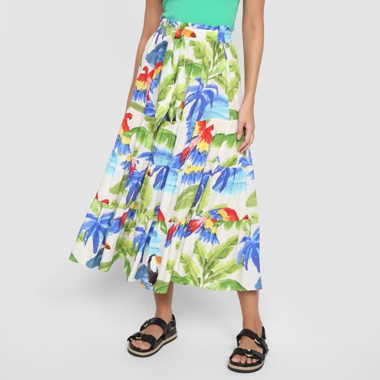 Saia Midi Farm Araras - Verde+Azul Menor preço em Saia Midi Farm Araras - Verde+Azul