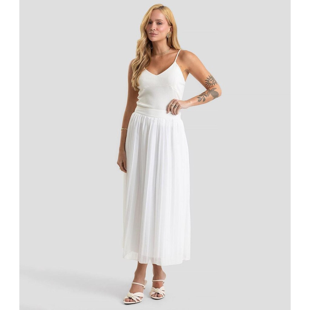 Saia Midi Feminina Chiffon Plissado Dianna Bege