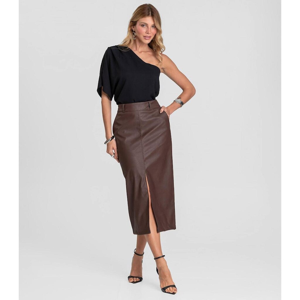Saia Midi Feminina Courino Com Fenda Dianna Marrom