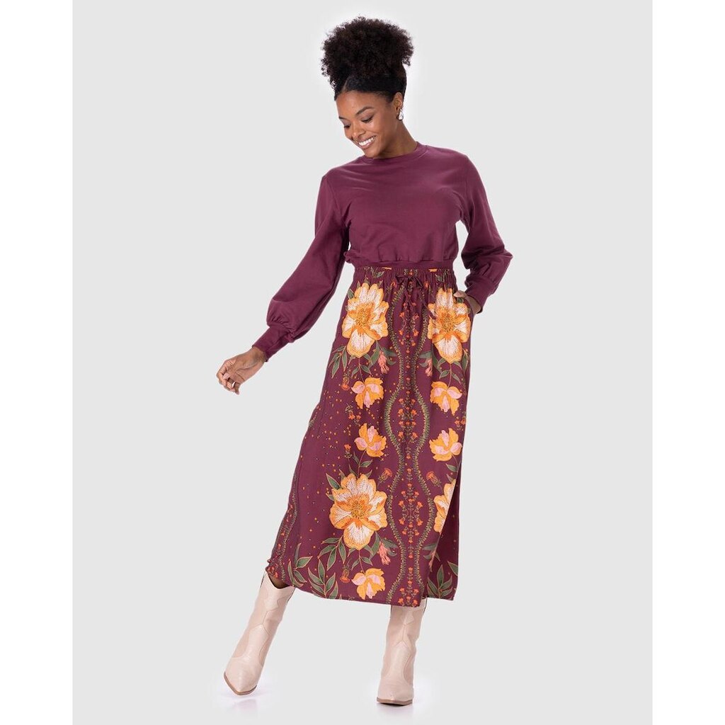 Saia Midi Feminina Estampada Bolso Lateral Em Viscose