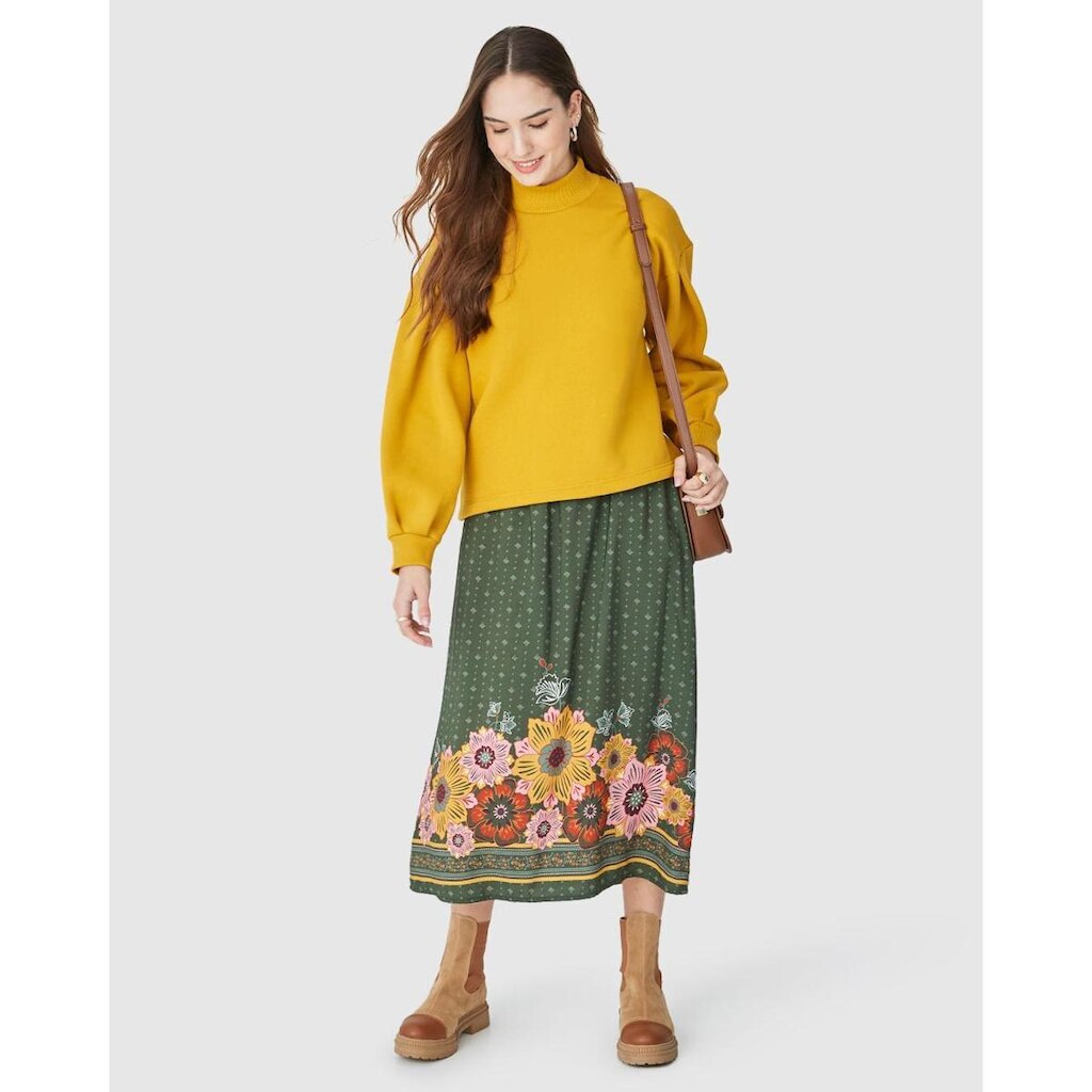 Saia Midi Feminina Estampada Bolso Lateral Em Viscose