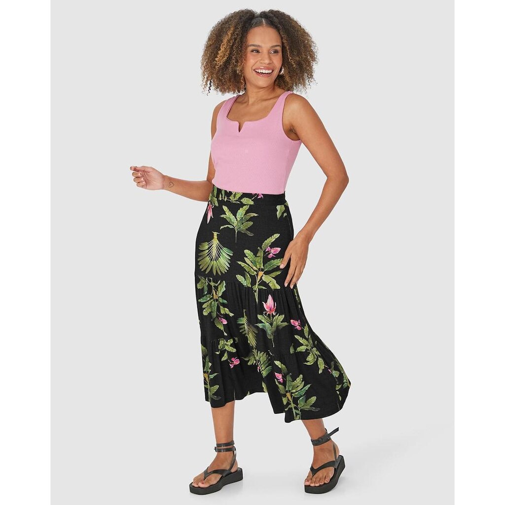 Saia Midi Feminina Marias Estampa Folhagem Em Viscose Stretch