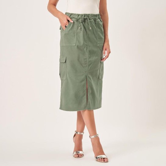 Saia Midi Jeans Color Confort Cargo Verde Relva