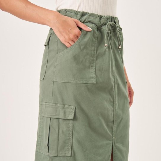 Saia Midi Jeans Color Confort Cargo Verde Relva