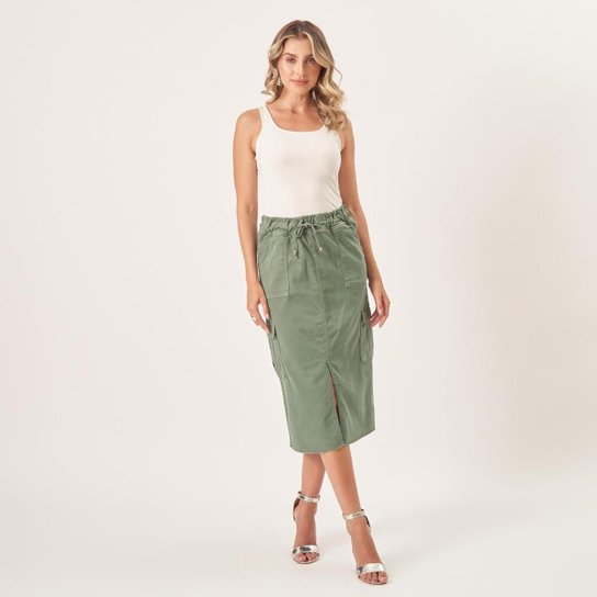 Saia Midi Jeans Color Confort Cargo Verde Relva