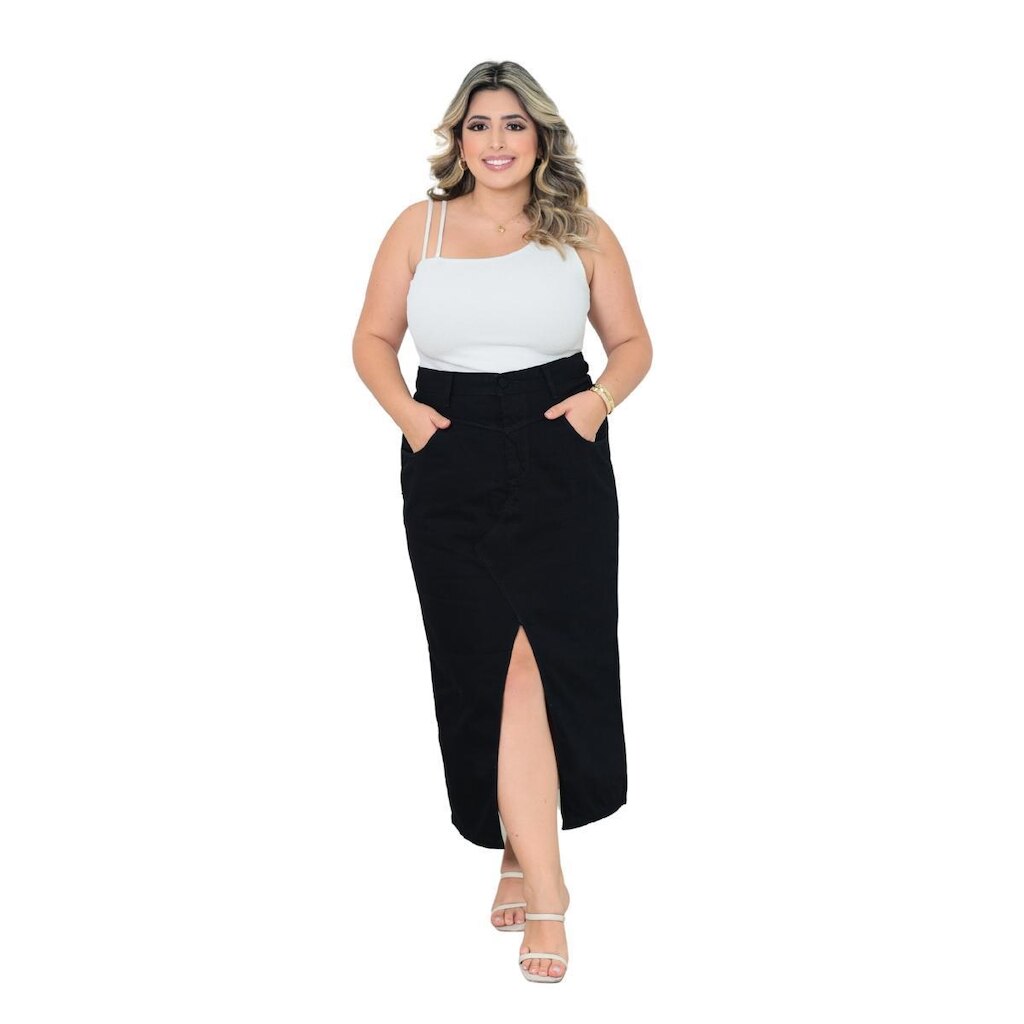 Saia Midi Plus Size Feminina Sarja com Fenda Frontal