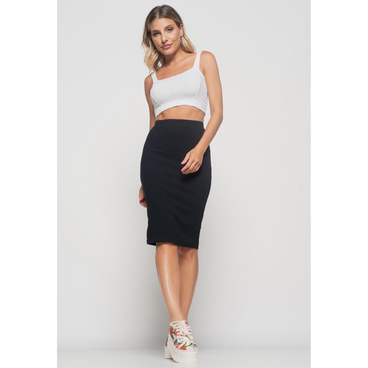 saia midi preta canelada