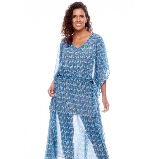 Saida de Praia Kaftan Vestido Longo Bata Amplo Crepe Estampado - Azul Claro+Azul Menor preço em Saida de Praia Kaftan Vestido Longo Bata Amplo Crepe Estampado - Azul Claro+Azul