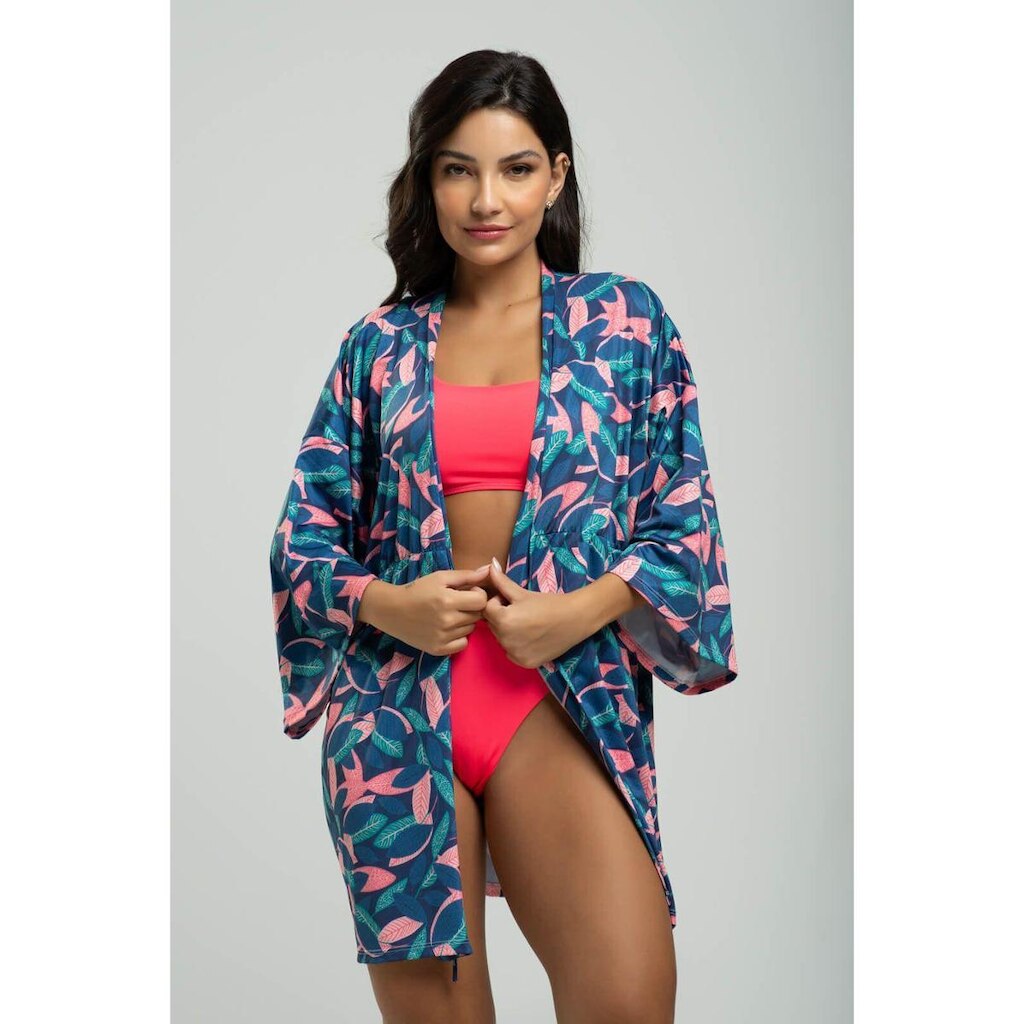 Saída de Praia Kimono Estampado Tecido Proteção Solar Uv 50+