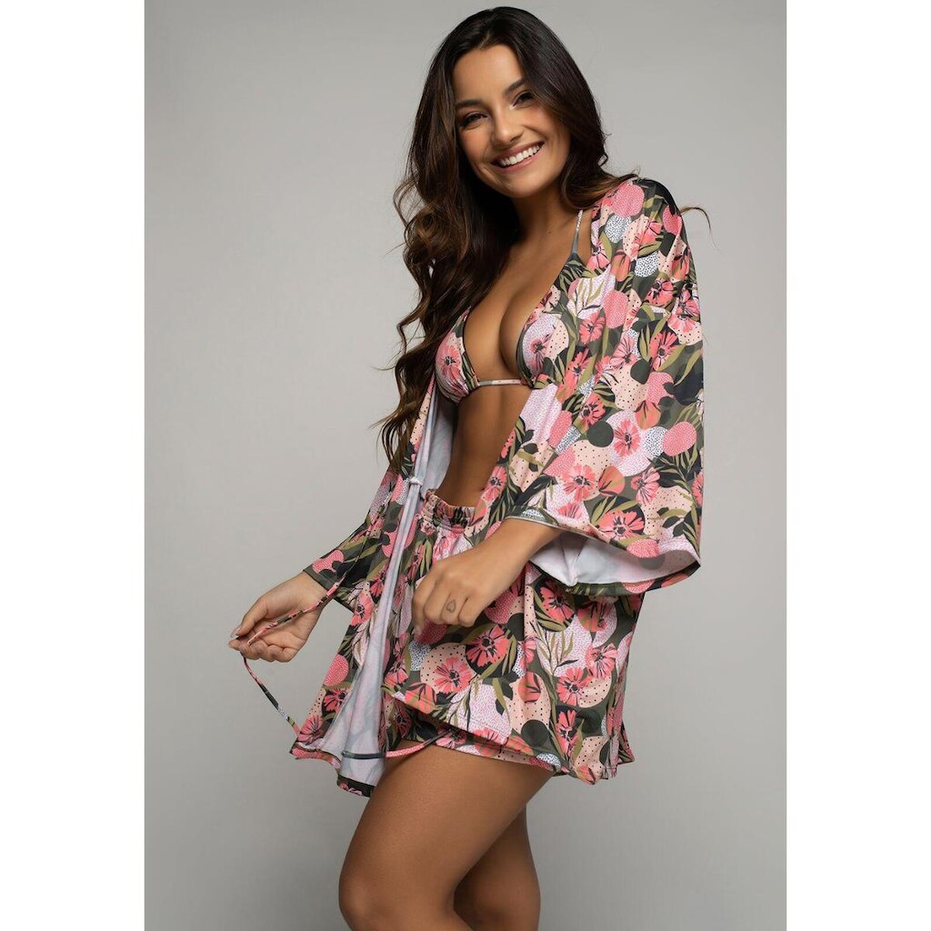 Saída de Praia Kimono Estampado Tecido Proteção Solar Uv 50+