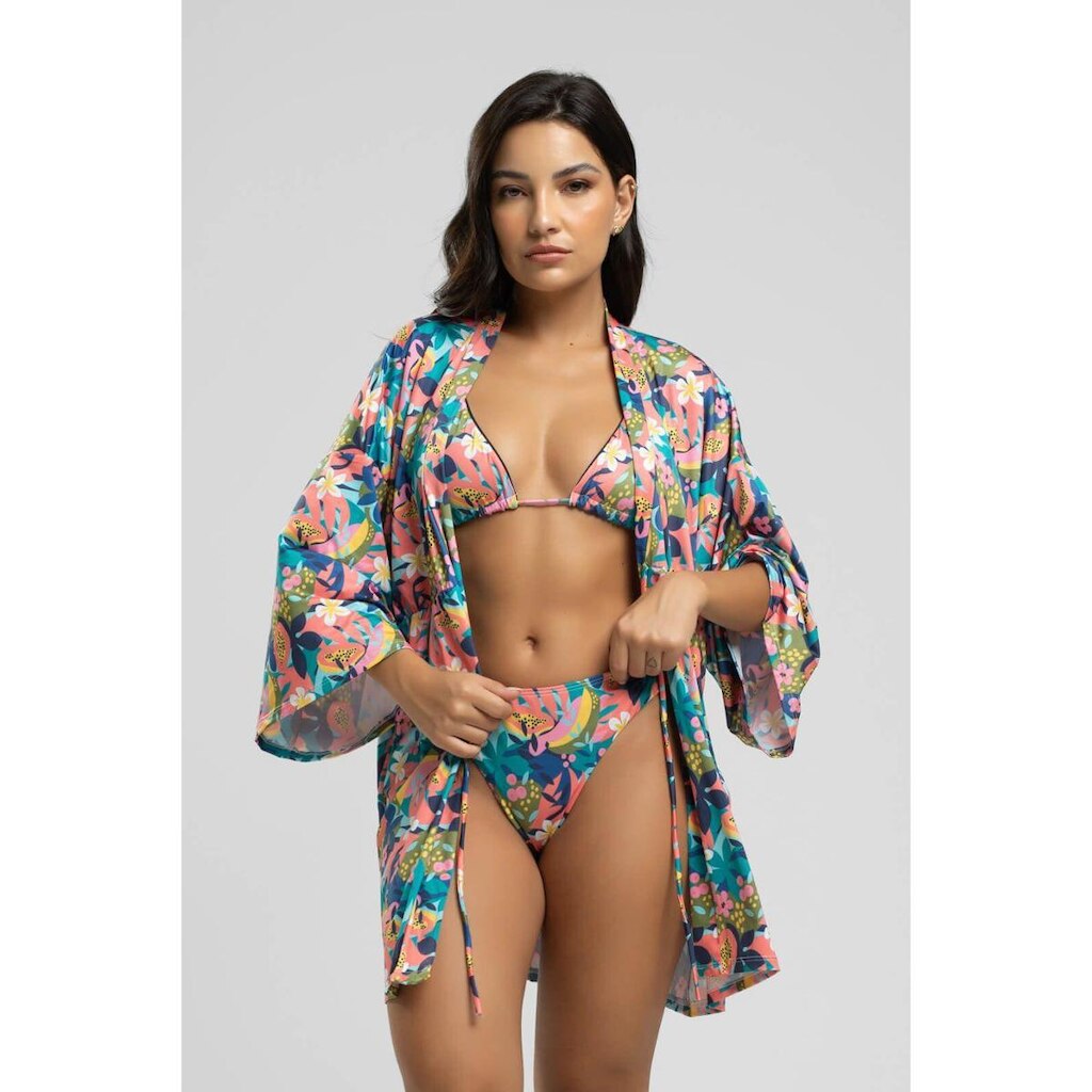 Saída de Praia Kimono Estampado Tecido Proteção Solar Uv 50+