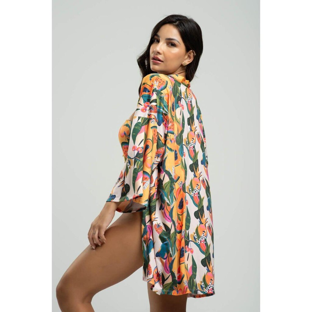 Saída de Praia Kimono Estampado Tecido Proteção Solar Uv 50+