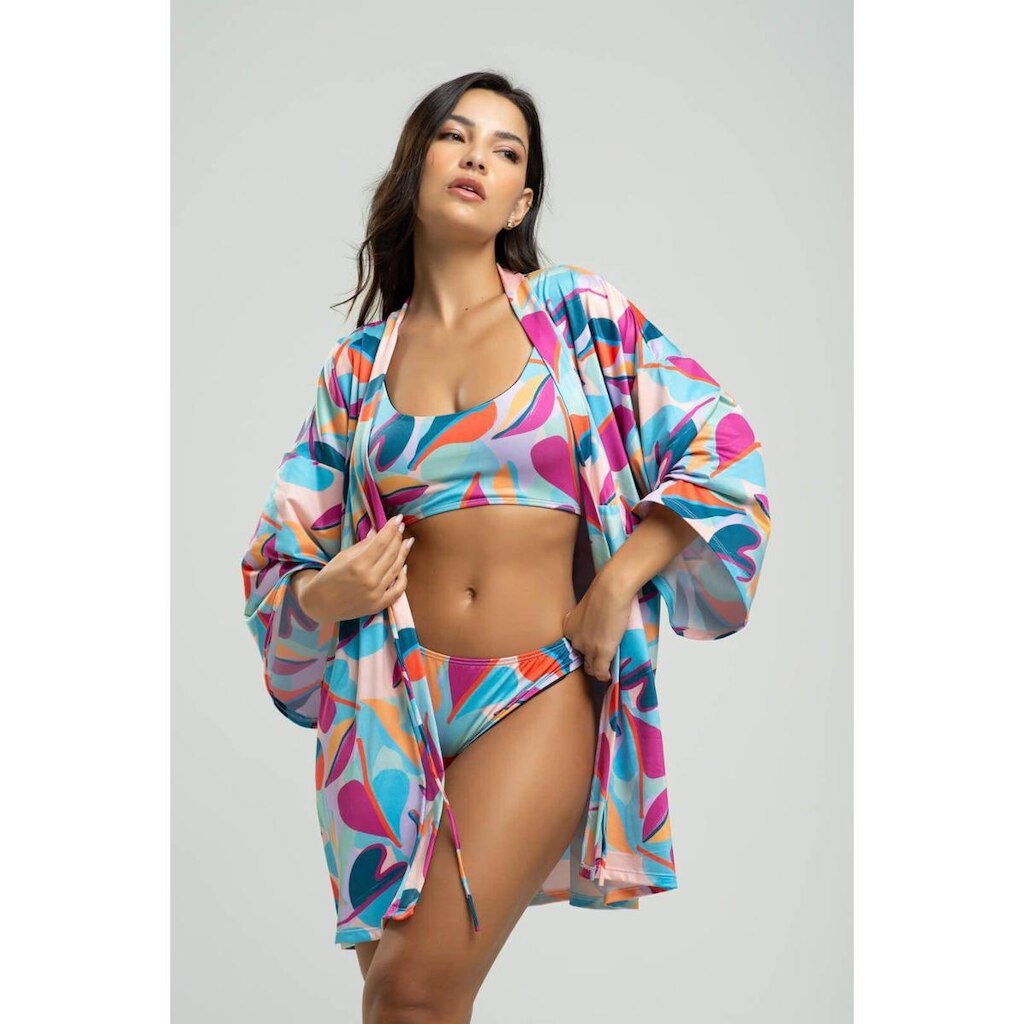 Saída de Praia Kimono Estampado Tecido Proteção Solar Uv 50+