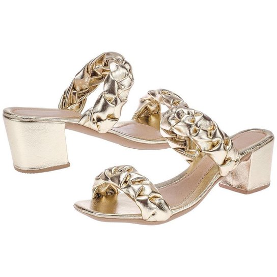 Salto Alto Tamanco Feminino Quadrado Bloco Básico - Dourado Menor preço em Salto Alto Tamanco Feminino Quadrado Bloco Básico - Dourado