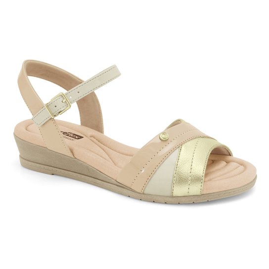 Sandália Anabela Comfortflex Salto Baixo Feminina - Bege+Dourado Menor preço em Sandália Anabela Comfortflex Salto Baixo Feminina - Bege+Dourado