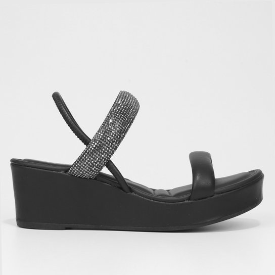 Sandália Anabela Dakota Hotfix Feminina - Preto+Prata Menor preço em Sandália Anabela Dakota Hotfix Feminina - Preto+Prata