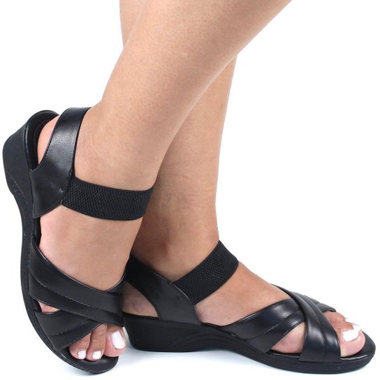 Sandália Anabela Ortopédica Salto Baixo Ultraconforto Feminina - Preto Menor preço em Sandália Anabela Ortopédica Salto Baixo Ultraconforto Feminina - Preto