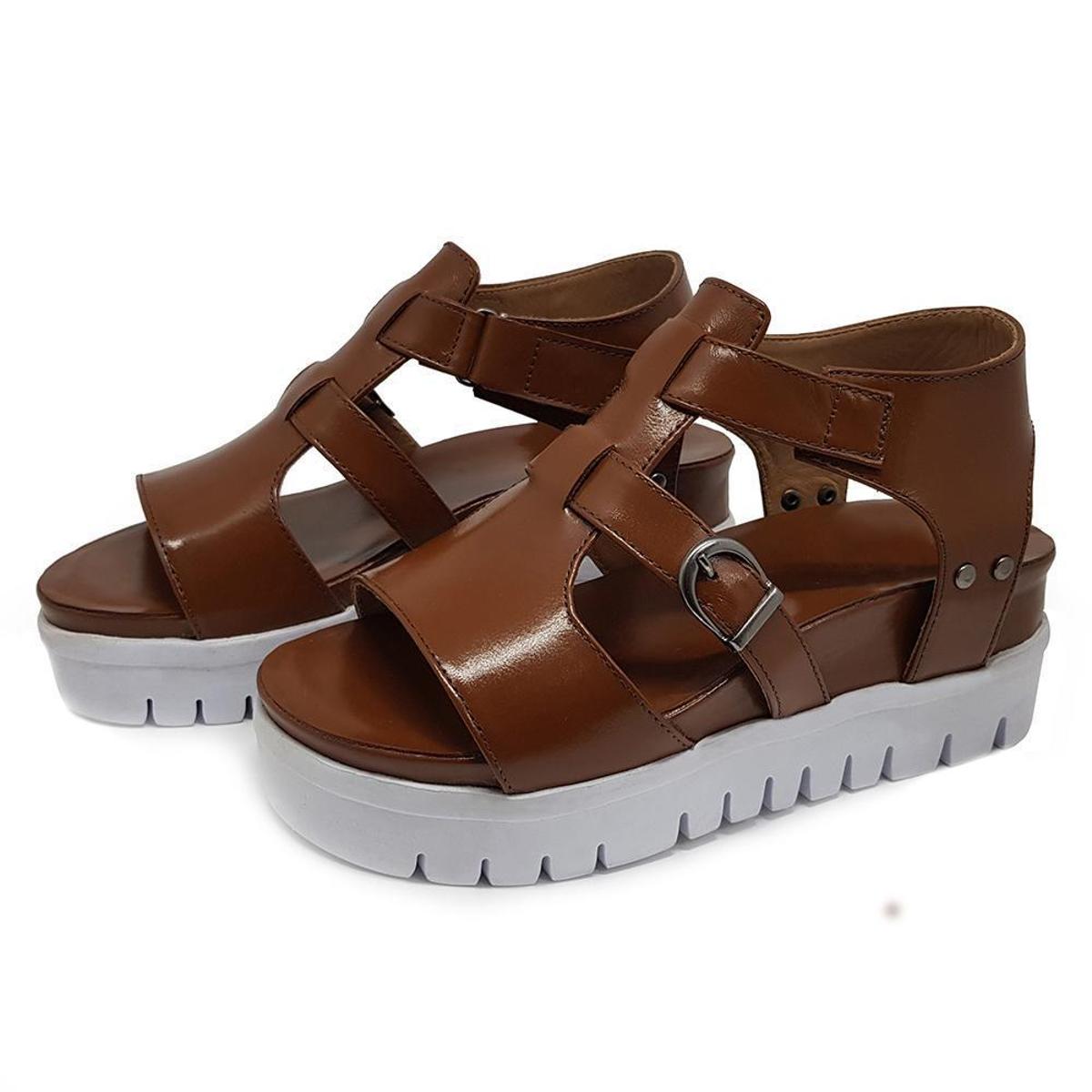 Sandália Anabela Plataforma Toda Em Couro MAH Cores Feminina - Caramelo |  Netshoes