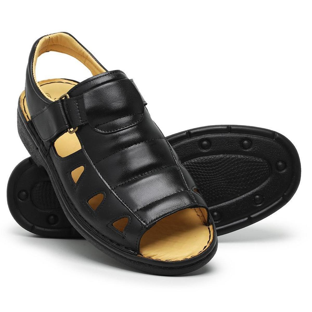 Sandália Anti- Stress Aberta em Couro Becos Total Confort Masculina - Preto  | Netshoes