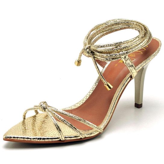 Sandália Bico Fino Feminina Metalizada em Salto Médio - Dourado Menor preço em Sandália Bico Fino Feminina Metalizada em Salto Médio - Dourado