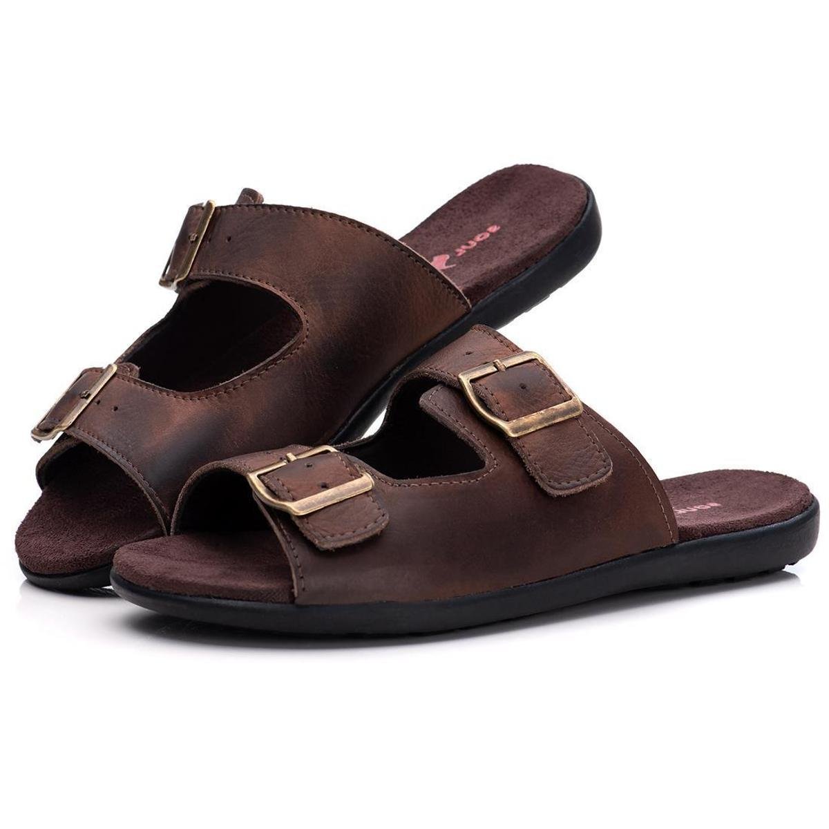 Menor preço em Sandália Chinelo Casual Ortopédico Couro Ajuste Fivelas