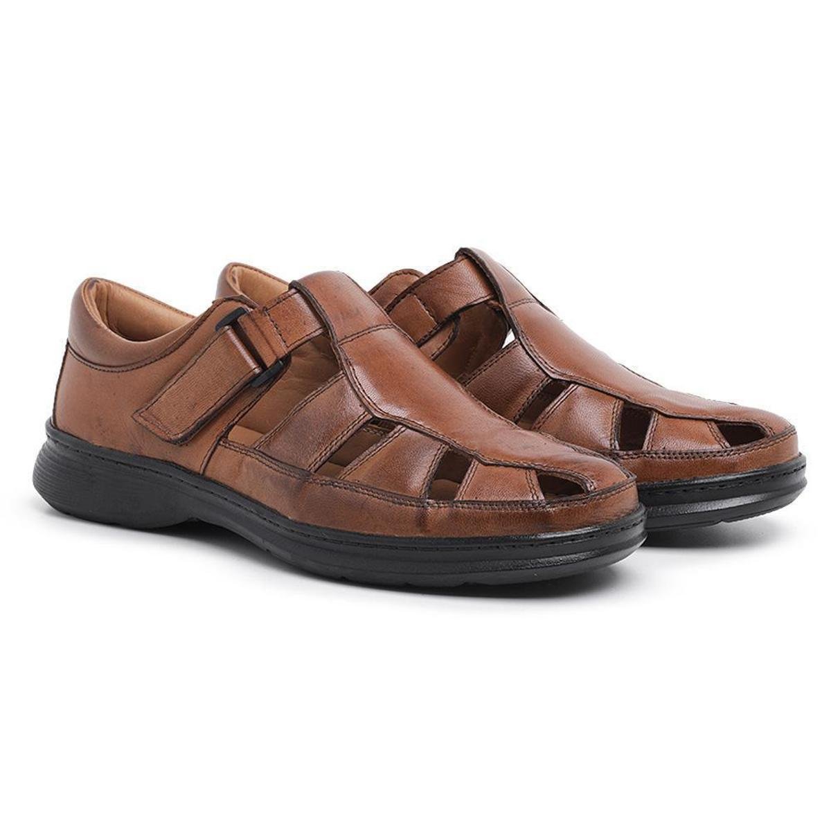 Sandália em Couro Masculino Leve com Detalhes e Sola Reta Confortável Menor preço em Sandália em Couro Masculino Leve com Detalhes e Sola Reta Confortável