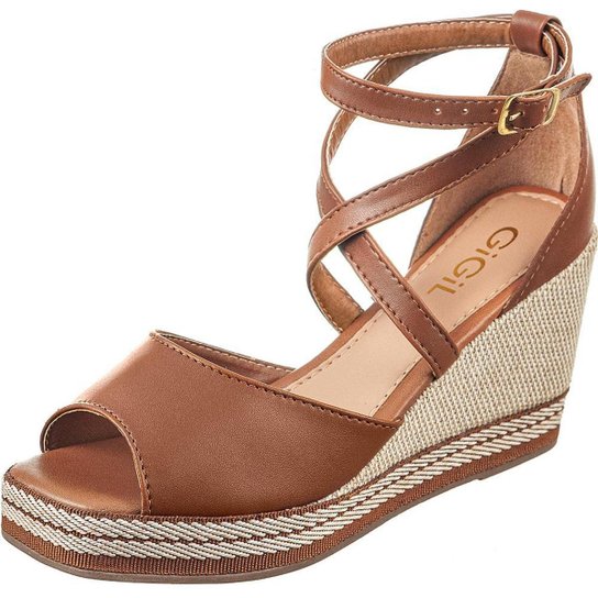 Sandália Feminina GiGiL Anabela Tiras Confortavel - Caramelo Menor preço em Sandália Feminina GiGiL Anabela Tiras Confortavel - Caramelo