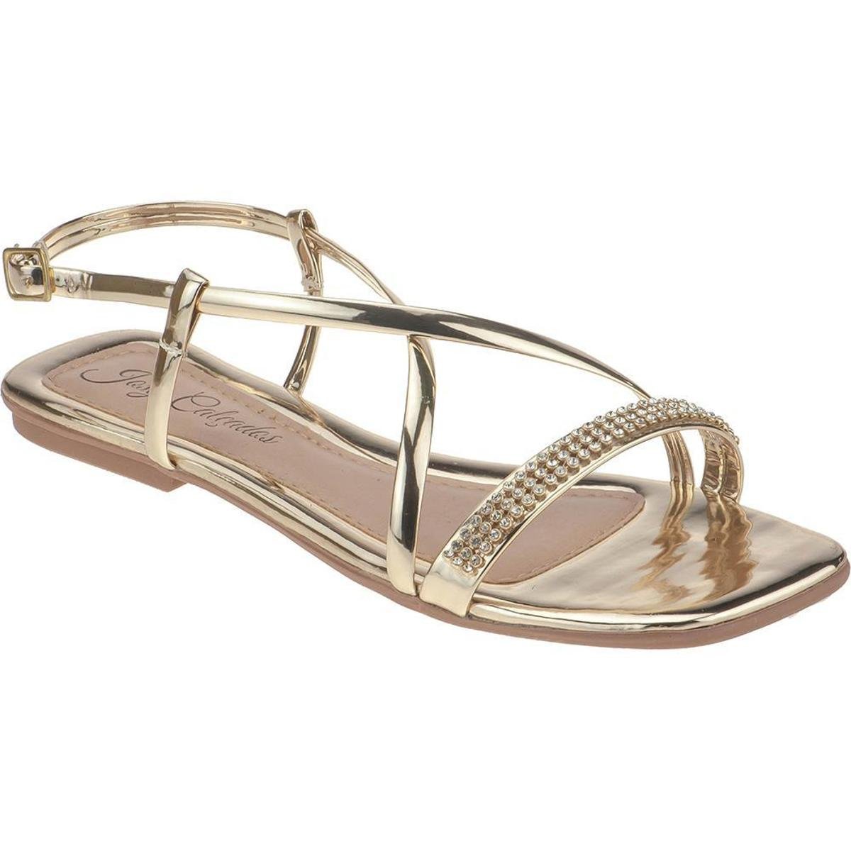 Sandalia Feminina Rasteira Rasteirinha De Pedraria Strass Moda Confortável Dourada Menor preço em Sandalia Feminina Rasteira Rasteirinha De Pedraria Strass Moda Confortável Dourada