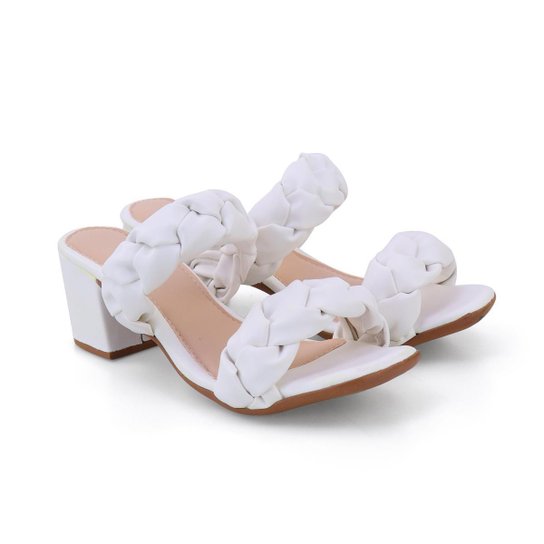 Sandália Feminina Tamanco Salto Grosso Confortável Moda Fashion Trança - Branco Menor preço em Sandália Feminina Tamanco Salto Grosso Confortável Moda Fashion Trança - Branco