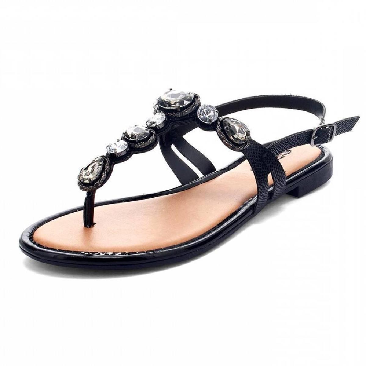 Sandalia Mississipi Rasteira com Pedras - Q5012 - Preto | Netshoes