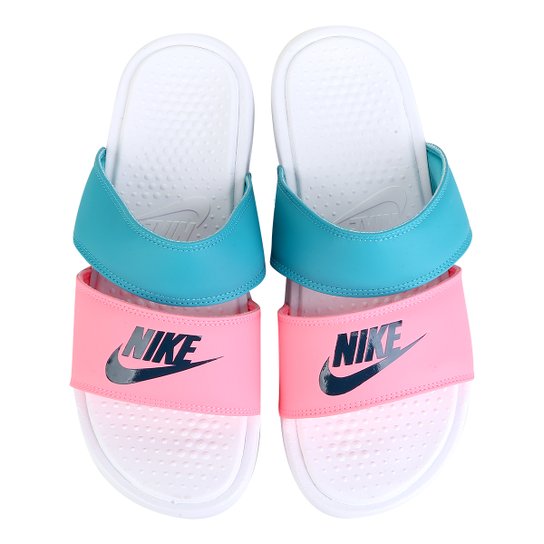 Sandália Nike Benassi Duo Ultra Slide Feminina - Branco e Azul Menor preço em Sandália Nike Benassi Duo Ultra Slide Feminina - Branco e Azul