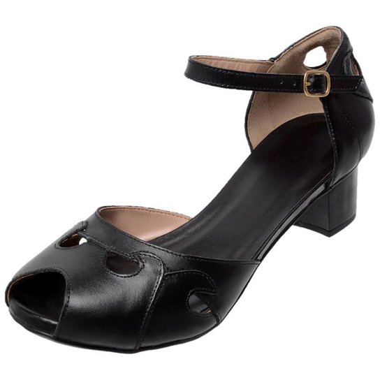 Sandália Peep Toe Pierrô salto baixo couro legítimo cor preta - Preto Menor preço em Sandália Peep Toe Pierrô salto baixo couro legítimo cor preta - Preto