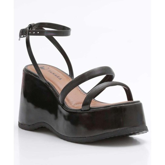 Sandália Plataforma Feminina Tiras Brilho Tanara-91014 - Preto Menor preço em Sandália Plataforma Feminina Tiras Brilho Tanara-91014 - Preto