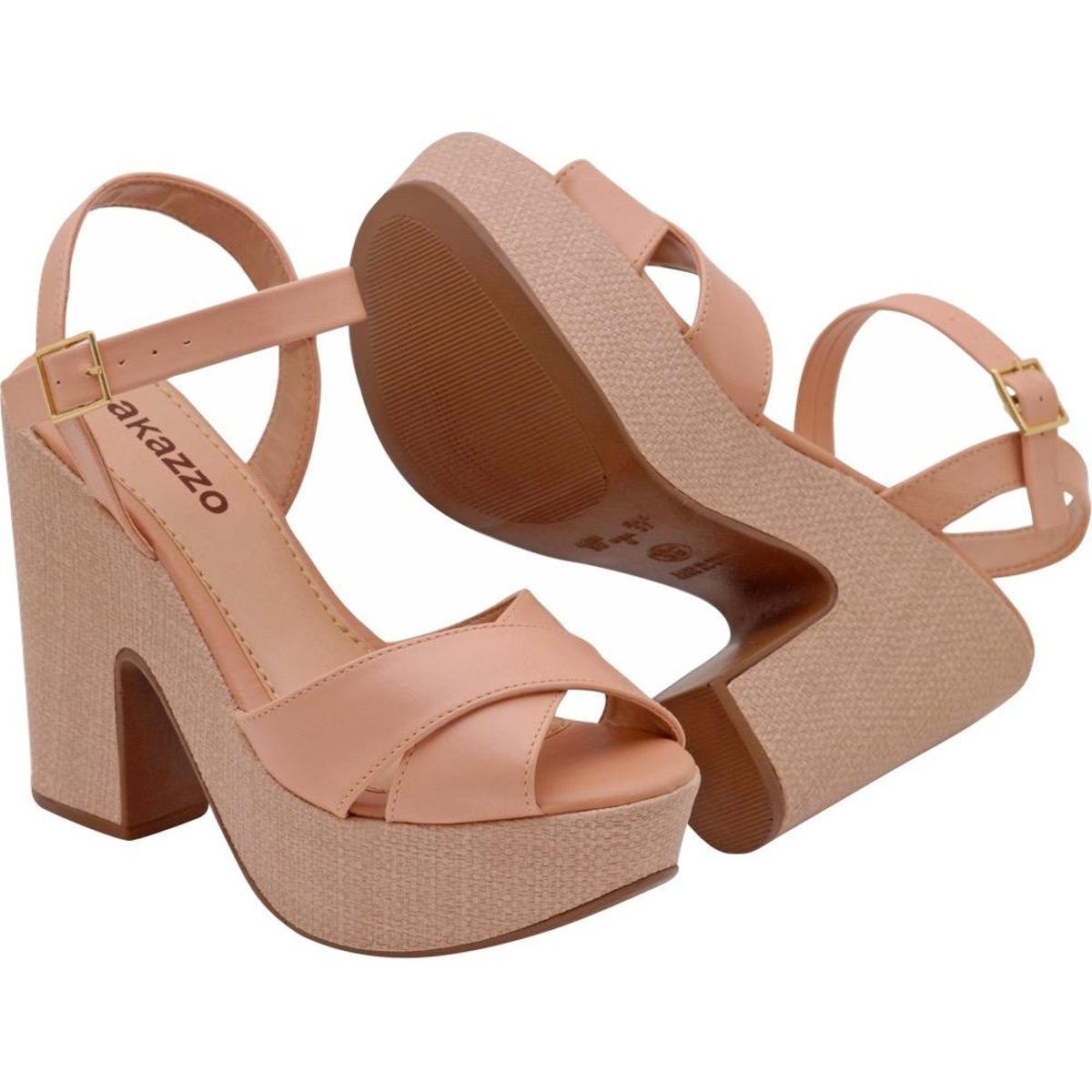 Sandália Plataforma Salto Grosso Akazzo Feminina Nude Netshoes