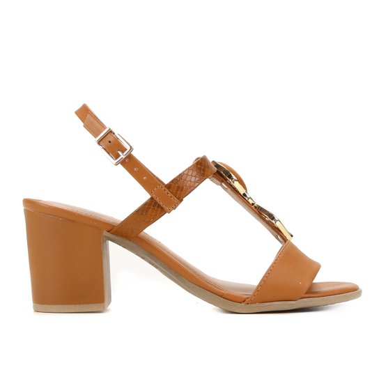 Sandália Ramarim Salto Grosso Pedra Feminina - Caramelo Menor preço em Sandália Ramarim Salto Grosso Pedra Feminina - Caramelo