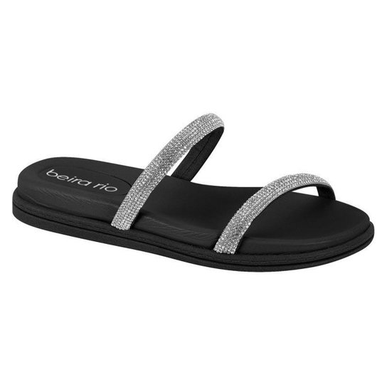 Sandalia Rasteira Beira Rio Conforto Tiras com Strass Preto
