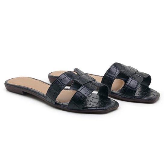 Sandália Rasteira Croco Feminina Textura Conforto Casual - Preto Menor preço em Sandália Rasteira Croco Feminina Textura Conforto Casual - Preto