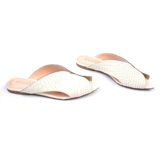 Sandália Rasteira Feminina Couro Bico Folha Conforto Casual - Off White Menor preço em Sandália Rasteira Feminina Couro Bico Folha Conforto Casual - Off White