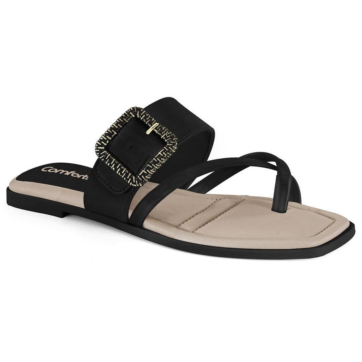 Sandália Rasteira Feminina Fivela Napa Preto Comfortflex 2241405