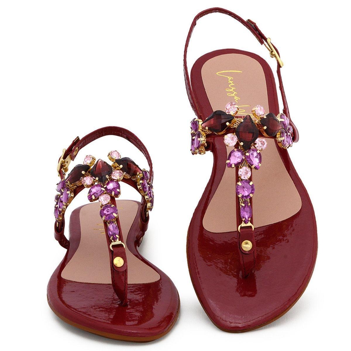 Sandália Rasteira Rasteirinha Salto Baixo Pedraria Bordô - Vermelho Escuro  | Netshoes