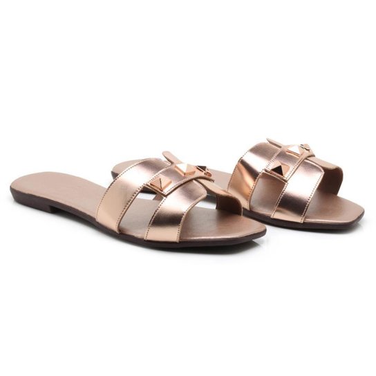 Sandália Rasteira Spikes Feminina Macia Metalizada Casual - Cobre Menor preço em Sandália Rasteira Spikes Feminina Macia Metalizada Casual - Cobre
