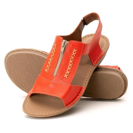 Sandália Rasteirinha Feminina Em Couro Rasteira Confortável - Laranja Escuro Menor preço em Sandália Rasteirinha Feminina Em Couro Rasteira Confortável - Laranja Escuro