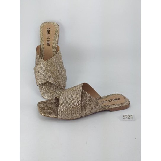 Sandália Rasteirinha feminina em tira X com brilho lurex - Dourado Menor preço em Sandália Rasteirinha feminina em tira X com brilho lurex - Dourado