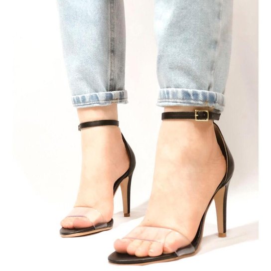 SANDÁLIA SALTO ALTO FINO TRANSPARENTE DE AMARRAR NA PERNA Preto