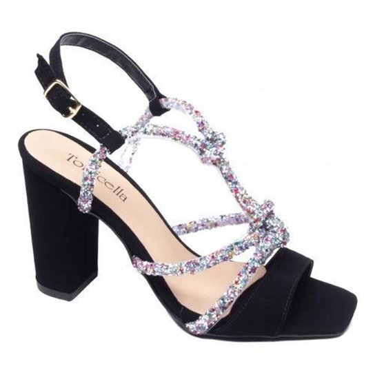 Sandália Salto Grosso Feminina Strass Festa Casamento Preto