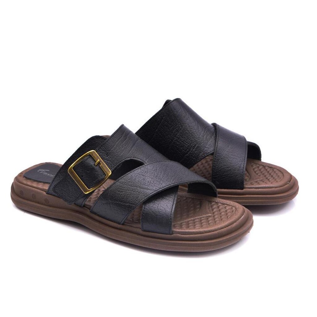 Sandália Slide Masculina C/fivela Couro Legítimo Confortável